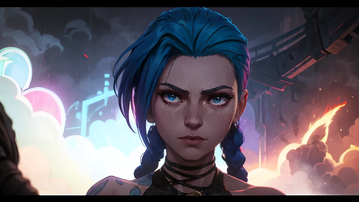 (masterpiece, Best quality), 1 girl, portrait very detailed face, very sexy, volume , full length (Whole body 1.1.), Crazy look, smile, pink tears, (tears on the cheeks, tears from eyes,) очень female, fighting stance, combat, neon lettering, explosions, darkness, fog, beautiful waist, gloomy composition, flame, fire, Flash, very beautiful, female, long hair, hair braided in long braids, very sexy, skinny leather pants, Focus on the eyes, emphasis on the face, Beautiful face, hands, Kosaed tail, red purple eyes, Jinx is crying, Blue Cloud Tattoo, (masterpiece, Best quality), Side lighting, beautiful detailed eyes, crazy face), (Best quality), (masterpiece), magic photography, impressive lighting, photorealism, Ultra detailed, intimate portrait composition, 1. 4,8 thousand. uhd, aesthetic, cd., a high resolution, 8 thousand., Better lighting, Best shade, Ultra-HD, a high resolution, Sharp Focus, complex background, cinematic lighting, ((landscape view)), block 4K, (Better lighting), ((cinematic lighting)),
