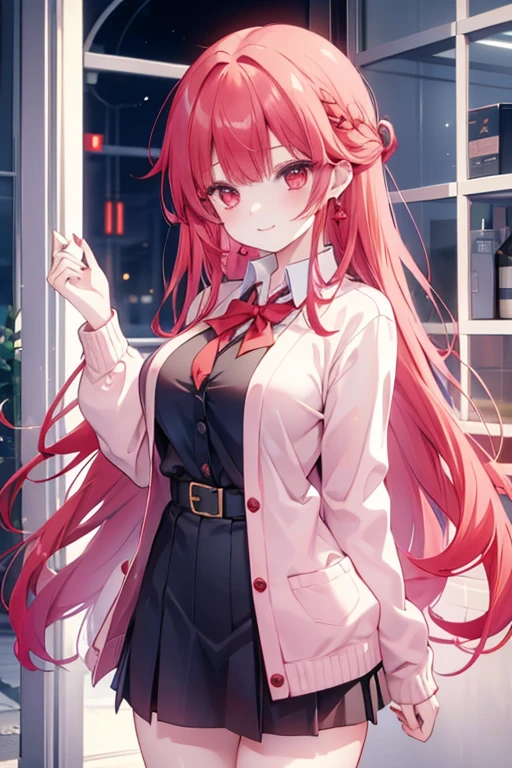 red hair red eyes、 girl、biggest breasts、long hair、smile、gal girl、wearing cute earrings、uniform、knit cardigan、With highlights around the eyes、cute hairpin、I can see the whole body、School