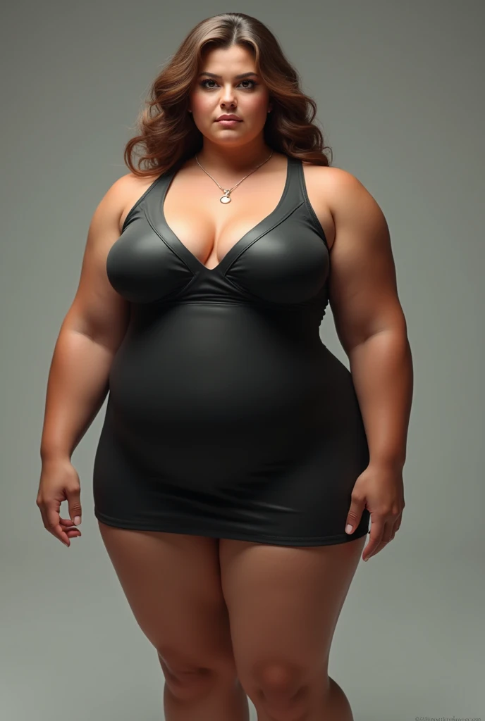 Create a robust girl, with large chest and hips, wearing a short dress, realist looking ahead