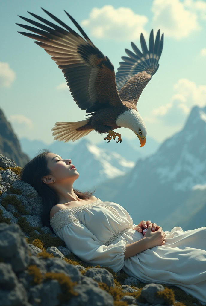 A woman is lying on a mountain and sleeping. An eagle is putting his egg in the woman&#39;s mouth. The woman&#39;s mouth is open.