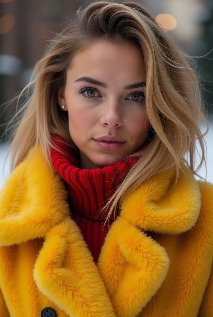 Brunette woman with blonde highlights who looks like Sophie Mudd in yellow and red fur coats