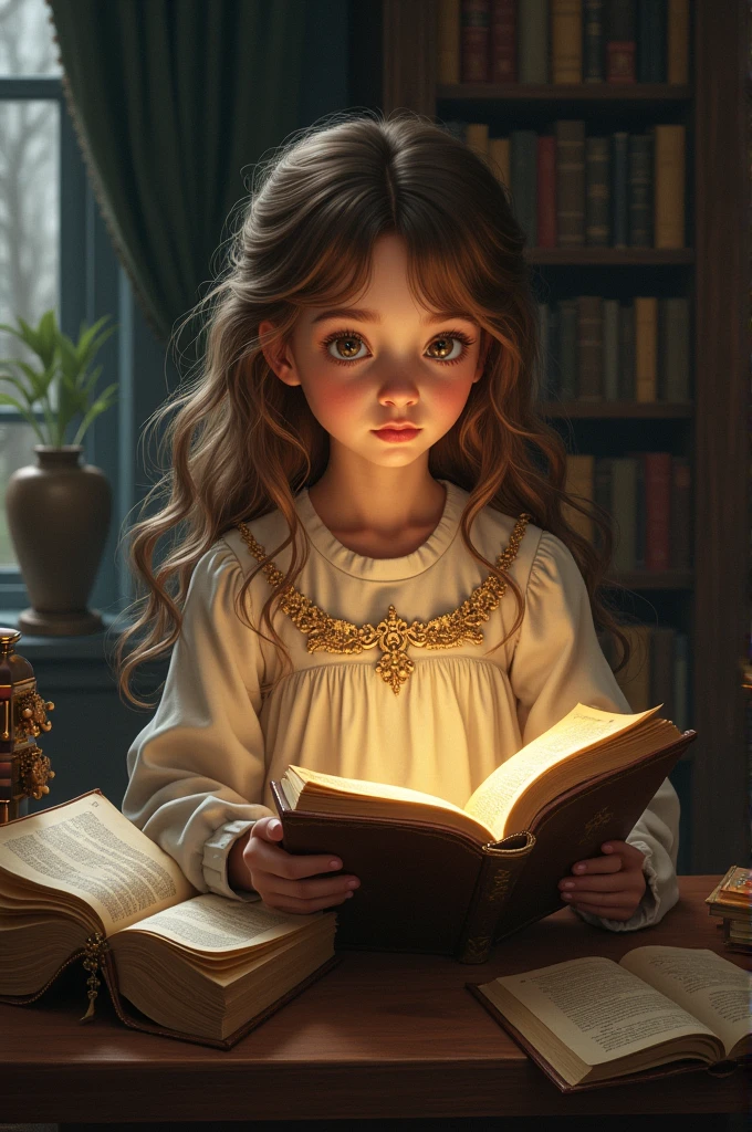 Girl reading a magic book, that will take her to another world, an older one in the time of kings.