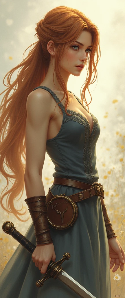 Theme of the game Final Fantasy. Image of a bronze-haired girl standing holding her favorite sword , pastel colors, and dramatic tones. A masterpiece with the highest resolution , Image type semi-realistic