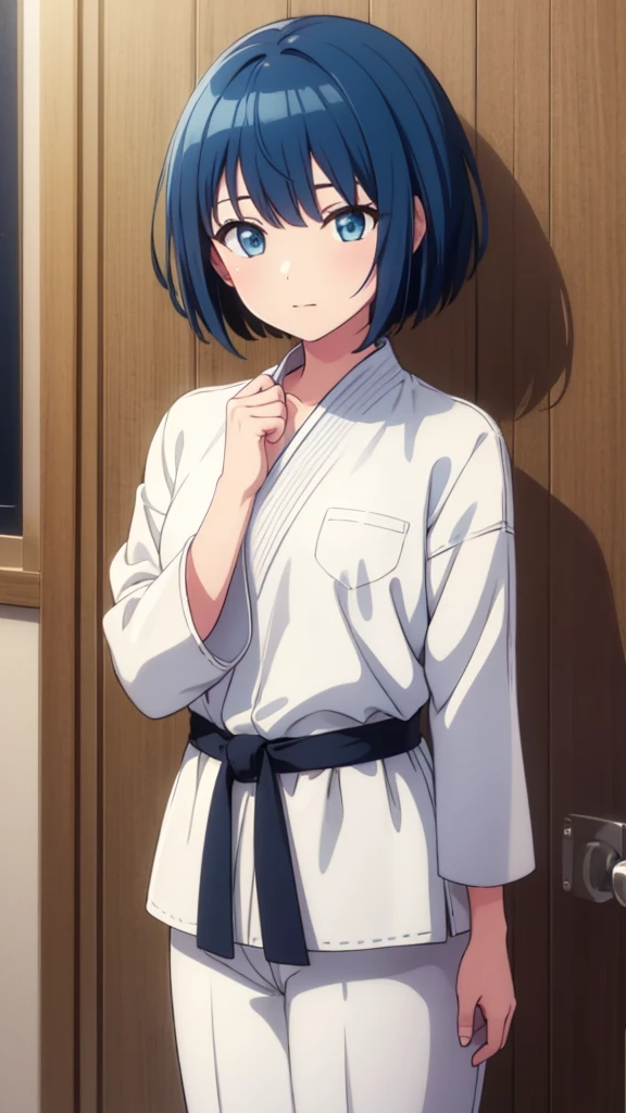 ((masterpiece, Highest quality, Very detailed, Very nice 8K CG wallpaper)), , A little thick, Medium Hair, Blue Hair, short hair, blue eyes,judo player、長袖judo着、Large bust、ロングjudoパンツ、judo、Cute expression、Inside the judo Gymnasium、、On the tatami、discovery、One Girl、whole body、rest、Haruka Kiritani、Bust Size C Cup
