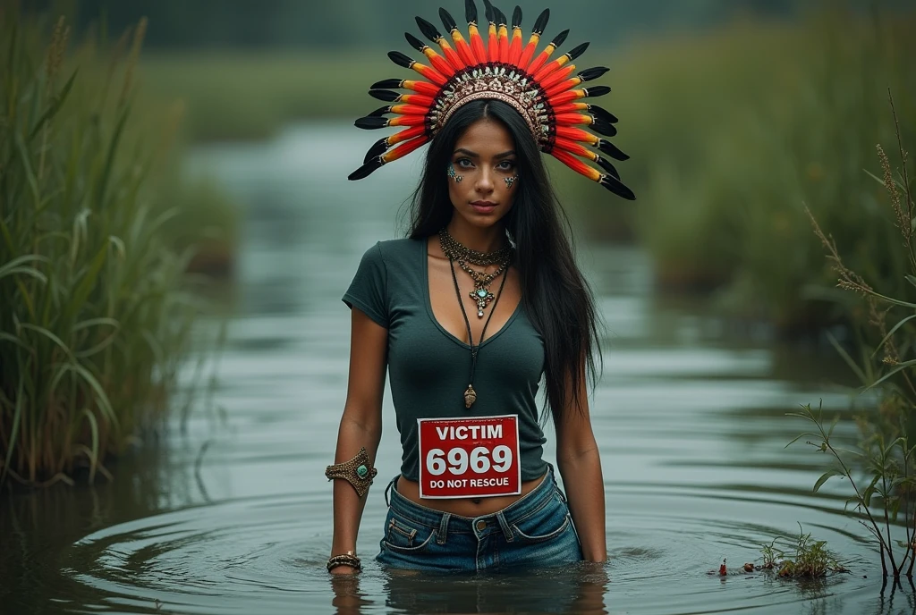 extremely detailed woman in jeans and t-shirt, sport small race bib "VICTIM 6969 DO NOT RESCUE", is victim of ritual, drowning in bog, in the middle of a bog, sexy photoshoot posing, wearing a beautiful headdress and traditional indigenous makeup. red, green, blue