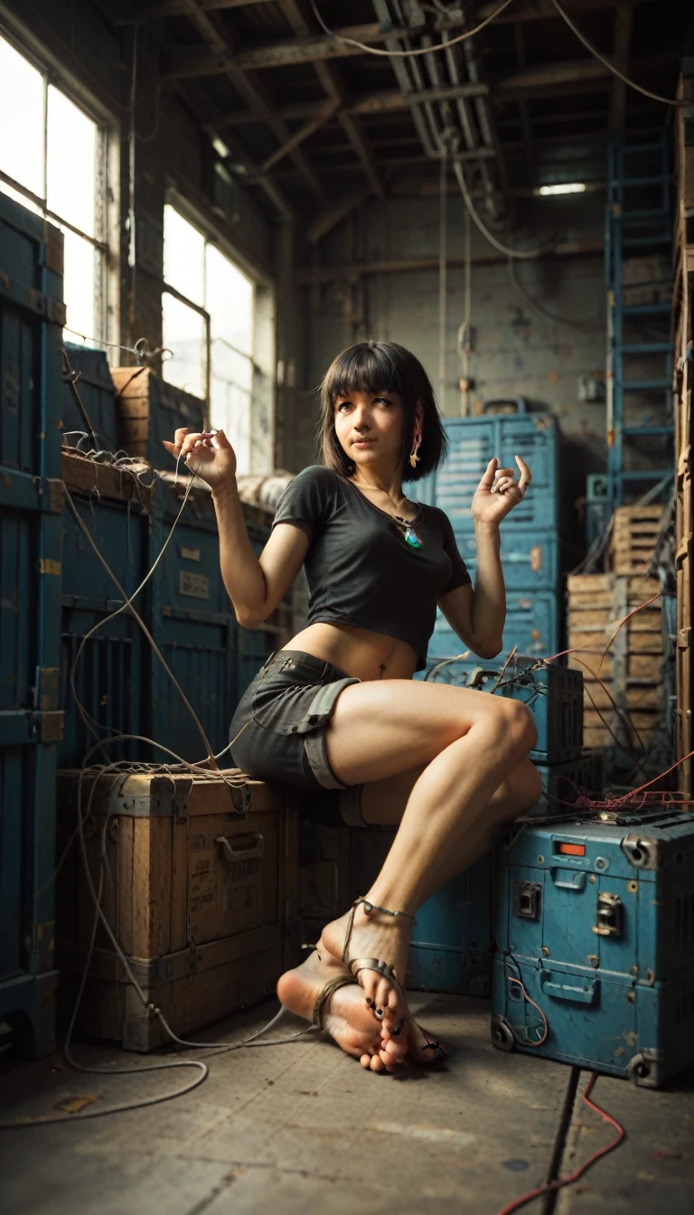 （Female robotic tiger), Solitary,, Detailed fur texture, (Cyberpunk), (Wear black short sleeves and black shorts), ,Feet are clawed and wearing Egyptian sandals,Metal body，Wires and cables that connect the header and body，Mechanical limbs，Trunk wires and cables，Mechanical plug,Wire inserted into the belly, dawn, shadow, Bright environment, (Chest gemstones), , (Kantanagarmouli)), (Bottom view), Looks excited, [Simple background], Detailed student, Masterpiece Artwork, Caustic lines, Rim Light, Single light source, 清晰的shadow, Finger claws, (Digital Grade, Claws),Sitting in the warehouse with my feet up，Soles facing the screen