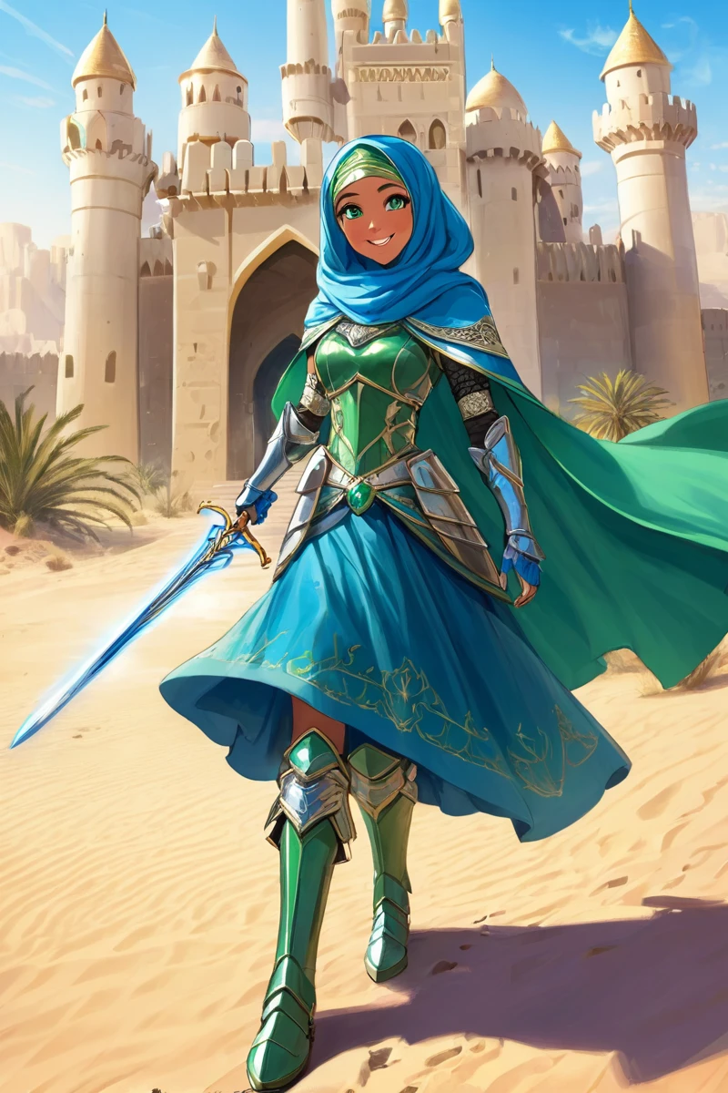 masterpiece, best quality:1.2), smiling at the viewer, arabian warrior princess girl with green eyes, wearing blue hijab headscarf, armor, armored dress, blue puffy princess skirt, green cape, armored boots, blue fingerless gloves, standing in front of desert castle, long ballgown skirt
