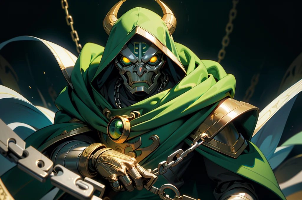 (masterpiece:1.2, best quality:1.2), ((masterpiece)), (((best quality))), ((ultra-detailed)), ((illustration)), (1man, male, solo), (doctor doom, green hood, cloak, chains, yellow glowing eyes), silver metal mask, white markings, full gray suit, broad shoulders, chaos, ((hell, underworld)), fisheye lens