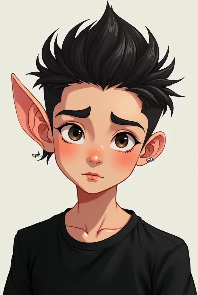 Boy with expansion in left ear, short hair with quiff, black t-shirt with oval face and piercing on the right eyebrow