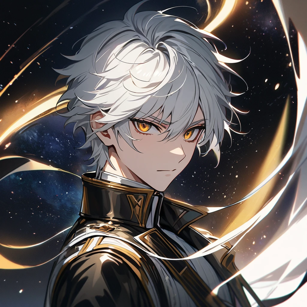 High quality, HD, 4k, no shadows, handsome male, 1male, , teenager, shwhite hair, silver hair, white hair, sharp eyes, dark golden colored eyes, deep golden eyes, dark gold eyes, gold eyes, devil may cry, close up, calm expression, stoic expression, black leather clothes, white leather clothing, lean body, well trained body, upper body, looking at viewer, cowboy shot, white solar, space background
