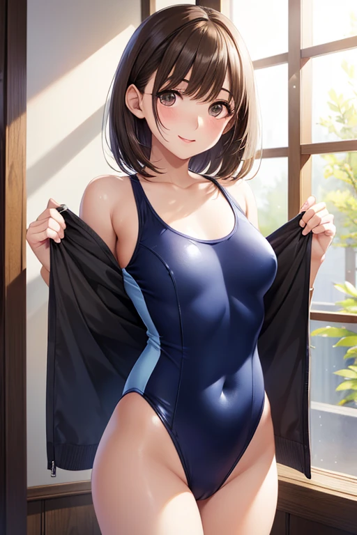 anegasaki nene、Shiny brown hair, short hair, (Beautiful brown eyes、Sparkling eyes, Fine grain)、smile、Ultra-detailed eyes、Very detailed顔, Very detailed目,


One girl, Natural light, masterpiece, Very detailed, figure, Game CG, Absurd, high quality, nsfw、
 (18-year-old girl), Medium chest, Beautiful attention to detail, Glossy Lips, Natural light, , School, Blue one piece swimsuit