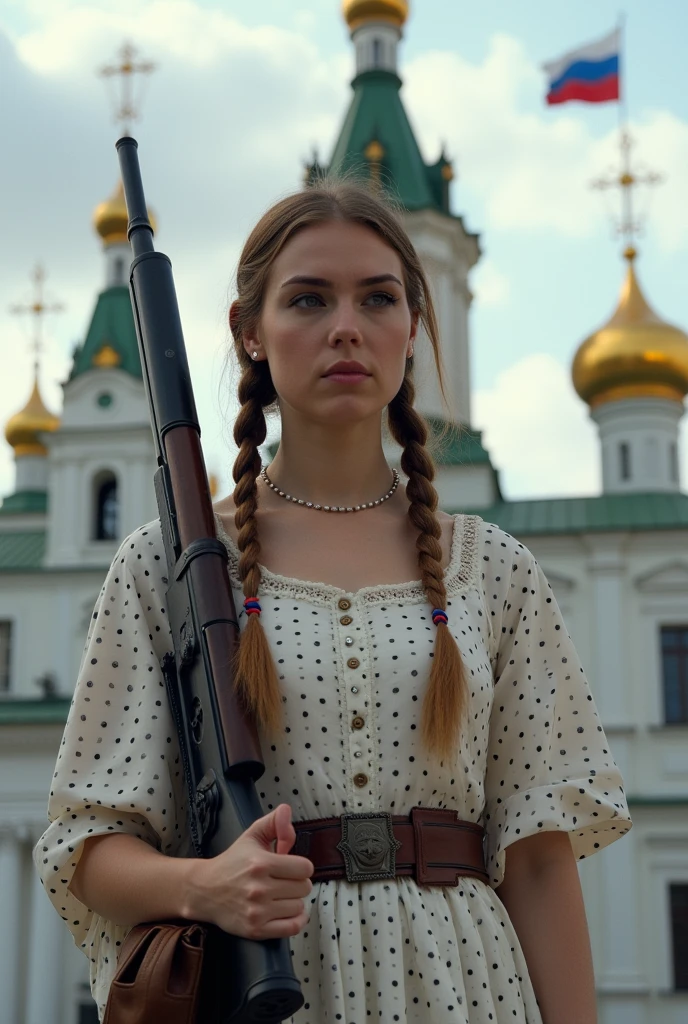 Russian soldier in uniform, with weapon, on hands with two braids, white polka dot dress, in the background is a church with golden domes , bear and russian flag