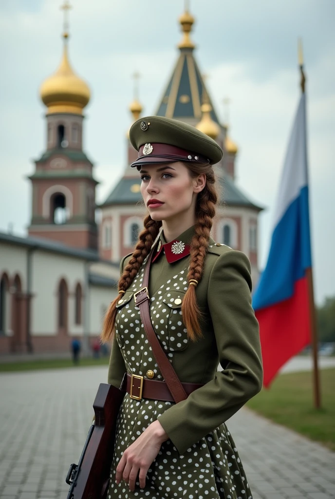 Russian soldier in uniform, with weapon, on hands with two braids, white polka dot dress, in the background is a church with golden domes , bear and russian flag
