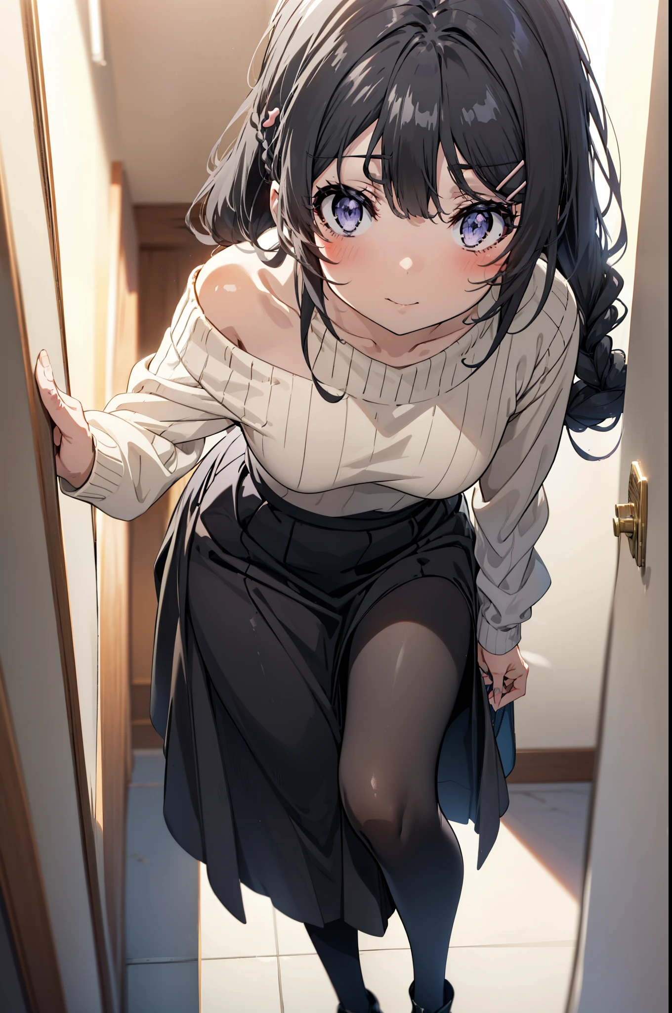 maisakurajima, mai sakurajima, Long braids, bangs, (Black Hair:1.5), hair ornaments, (Purple eyes:1.1), Hair Clip, rabbit hair ornaments,smile,blush,Glasses,One-shoulder sweater,Long skirt,Black pantyhose,short boots,Daytime,Clear skies,Walking,whole bodyがイラストに入るように,
break indoors, University　corridor,
break looking at viewer, whole body,
break (masterpiece:1.2), Highest quality, High resolution, unity 8k wallpaper, (figure:0.8), (Beautiful attention to detail:1.6), Highly detailed face, Perfect lighting, Highly detailed CG, (Perfect hands, Perfect Anatomy),
