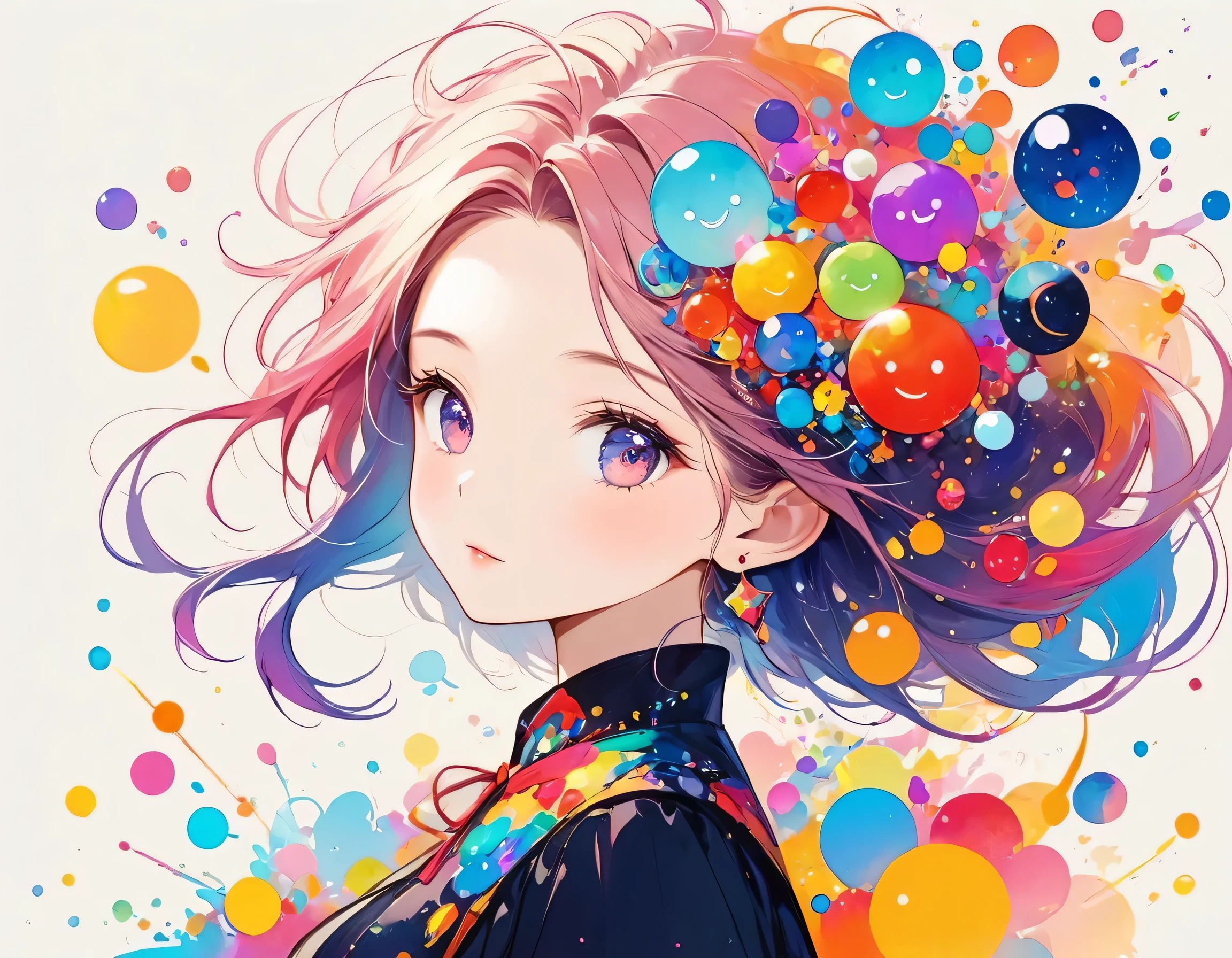 Vasily Kandinsky colorfull style, Simple Line Initialism，Abstract art，(((The most beautiful girl of all time))), Sweet face. colorful hearts, funny design, (((bosom buddy ))), (((Cute Aliens))), The background is space