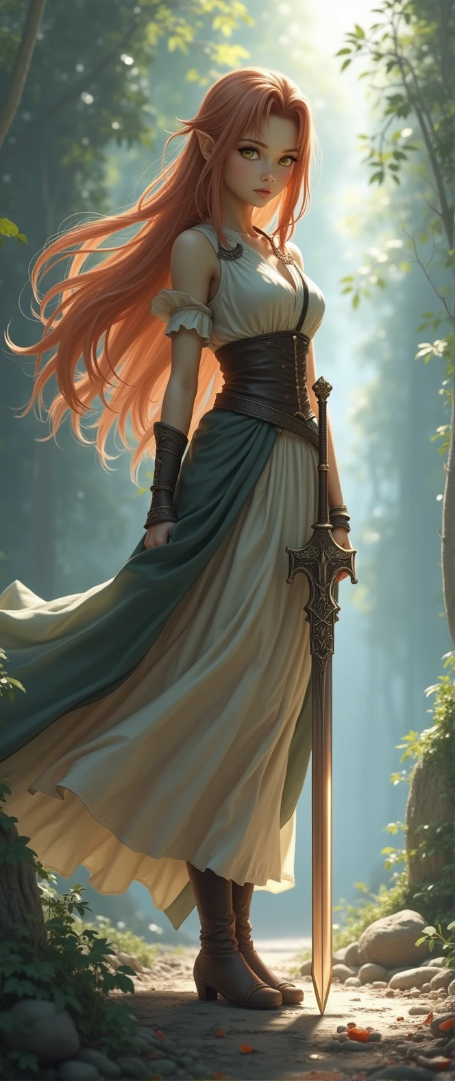 Theme of the game Final Fantasy. Image of a bronze-haired girl standing holding her favorite sword , pastel colors, and dramatic tones. A masterpiece with the highest resolution , Image type semi-realistic