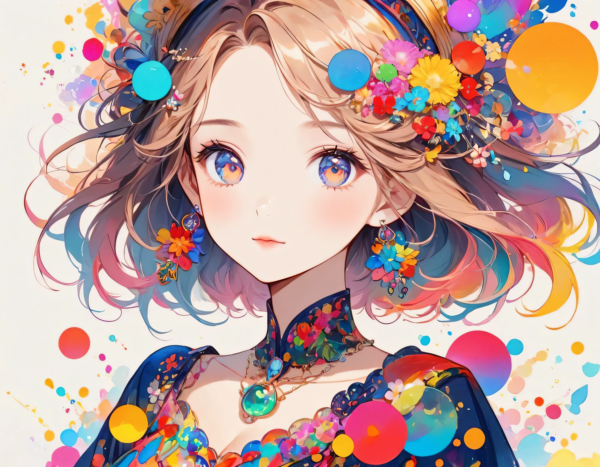Vasily Kandinsky colorfull style, Simple Line Initialism，Abstract art，(((The most beautiful girl of all time))), Sweet face. colorful hearts, funny design, (((bosom buddy ))), (((Cute Aliens))), The background is space