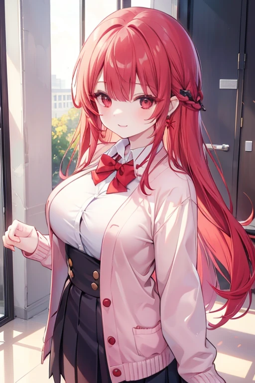 red hair red eyes、 girl、biggest breasts、long hair、smile、gal girl、wearing cute earrings、uniform、knit cardigan、With highlights around the eyes、cute hairpin、I can see the whole body、School
