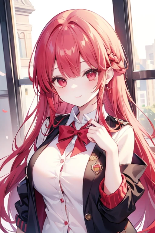 red hair red eyes、 girl、biggest breasts、long hair、smile、gal girl、wearing cute earrings、uniform、knit cardigan、With highlights around the eyes、cute hairpin、I can see the whole body、School