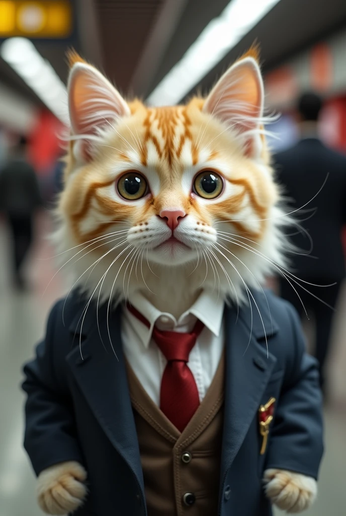 Cute cat cat,Personification,Standing,Photographer image,At Beijing Railway Station,,Suit,tie, (Delicate face), (Fine fluffy fur),(35mm Cinema Lens),(Multi-angle shooting),(many viewing angles)