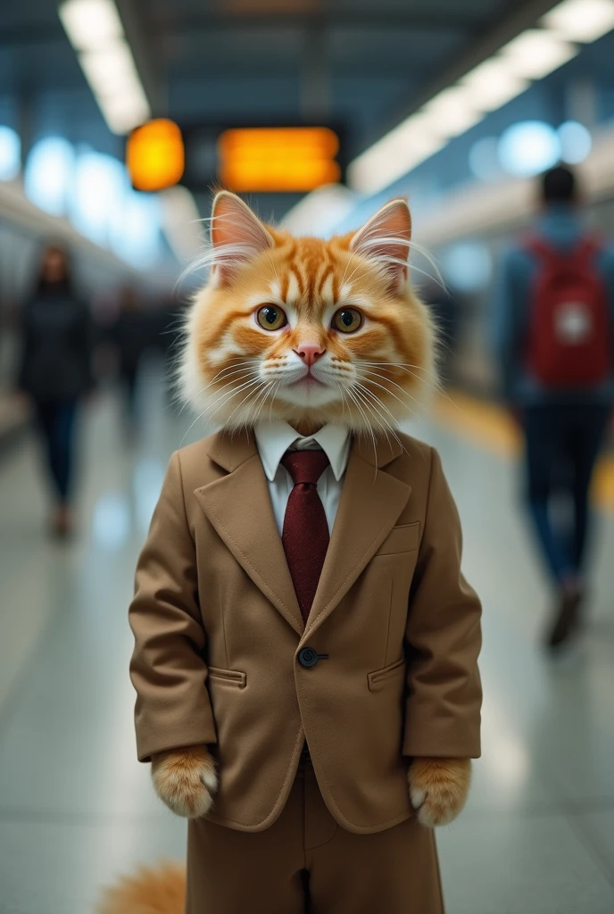Cute cat cat,Personification,Standing,Photographer image,At Beijing Railway Station,,Suit,tie, (Delicate face), (Fine fluffy fur),(35mm Cinema Lens),(Multi-angle shooting),(many viewing angles)