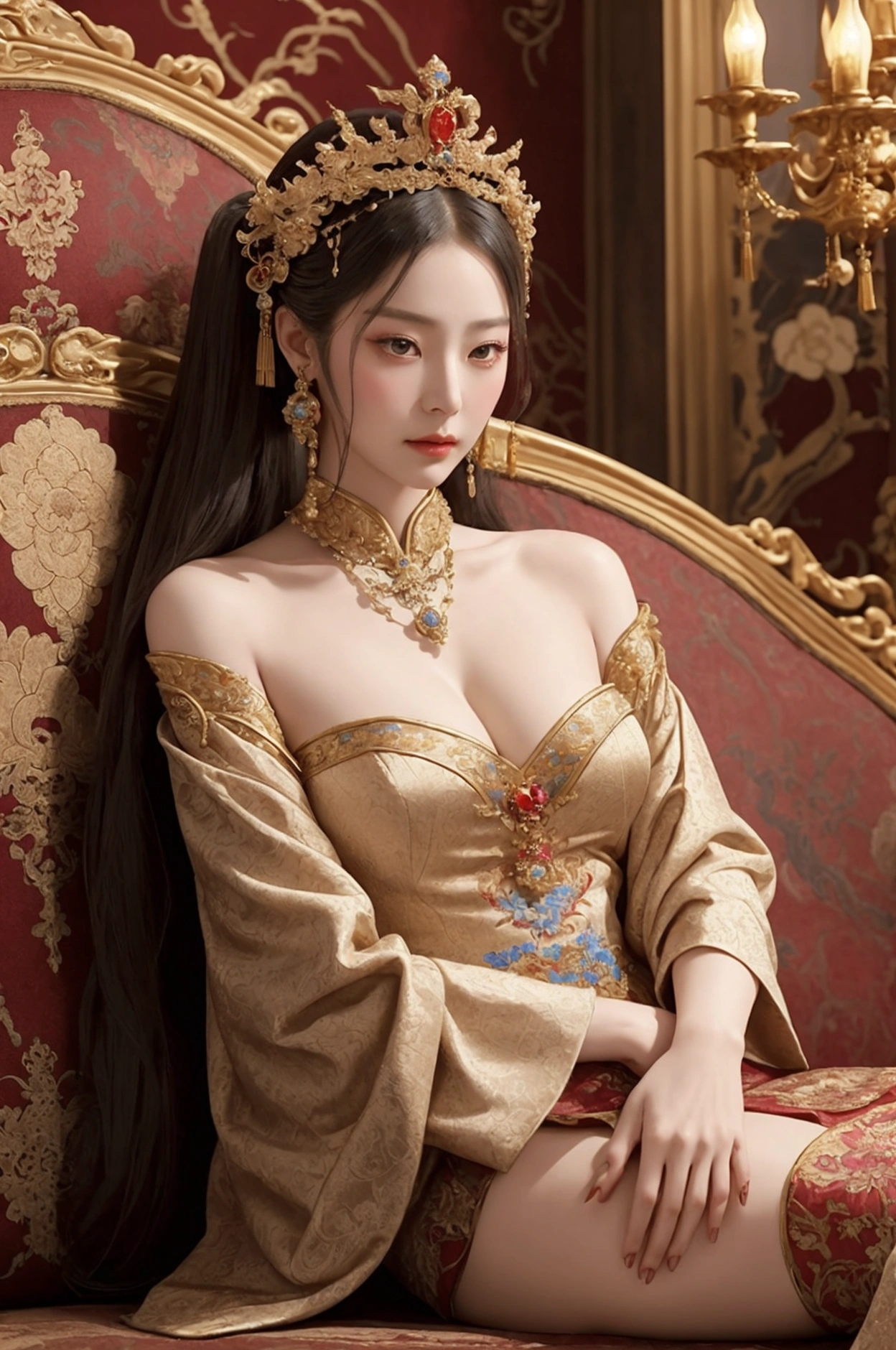 A gorgeous empress from the Chinese imperial court during the Qing Dynasty. She sits naked on a large yellow dragon embroidered sofa with her legs spread apart, her hair in double ponytails, wearing a gorgeous Chinese empress crown and a flower hairpin, and her hair is tied up and pulled up.