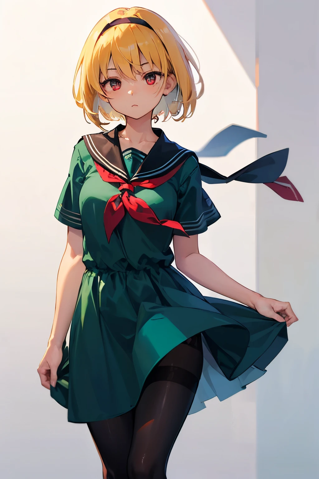 One girl、solo、pantyhose、Blonde Hair、hair band、short hair、Short sleeve、黒いhair band、Green Dress、Sailor collar、黒いpantyhose、Red eyes、黄色のneckerchief、Sailor Dress、bangs、neckerchief、Small breasts、