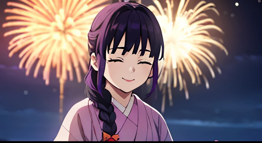 (1 girl), closed eyes, Purple hair, (one braid hair), beautiful girl, dark purple color kimono, hair pin bow , clear lines, clear colors, face focus, light smile, 18 years old girl, looking at star, night time, fireworks, kimono purple, bangs
