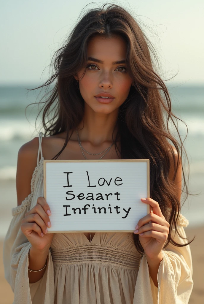 Beautiful girl with wavy long hair, bohemian dress, holding a white board with text "I Love Seaart Infinity" and showing it to the viewer