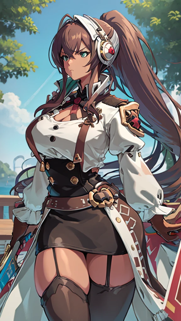 High detailed, masterpiece, High detailed, 1 girl, solo, reddish brown hair, extremely large ponytail, dark Green eyes, big busty, big buson, firm chunky body white shirt, , deep cleavage, Juliet sleeves, pencil skirt, black thighhighs, white gloves, tall, serious, wearing earphones