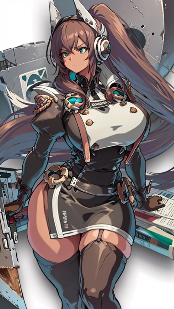 High detailed, masterpiece, High detailed, 1 girl, solo, reddish brown hair, extremely large ponytail, dark Green eyes, big busty, big buson, firm chunky body white shirt, , deep cleavage, Juliet sleeves, pencil skirt, black thighhighs, white gloves, tall, serious, wearing earphones