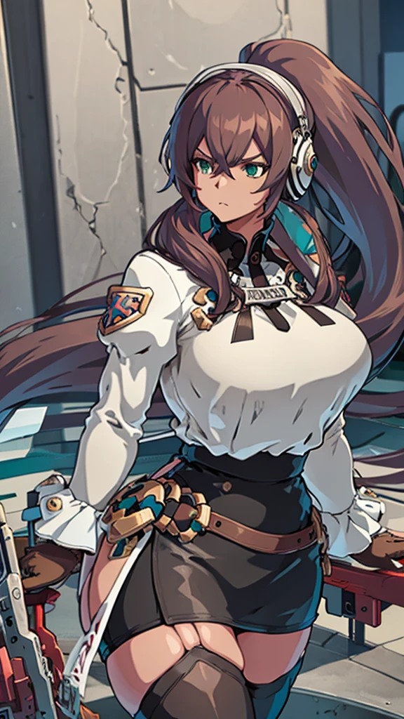 High detailed, masterpiece, High detailed, 1 girl, solo, reddish brown hair, extremely large ponytail, dark Green eyes, big busty, big buson, firm chunky body white shirt, , deep cleavage, Juliet sleeves, pencil skirt, black thighhighs, white gloves, tall, serious, wearing earphones