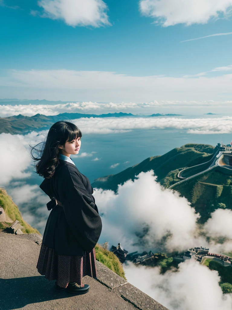 Black-haired Japanese woman with lob hair overlooking the sea of clouds Japanese castle