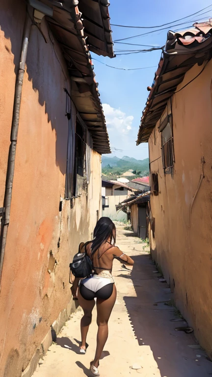 2 Afro-descendant girl, passing in the middle, of armed traffickers, to climb the stairs, Brazilian favela, vanishing point, from behind, from below, atmospheric perspective, masterpiece, super detail, high details, high quality, best quality, highres.