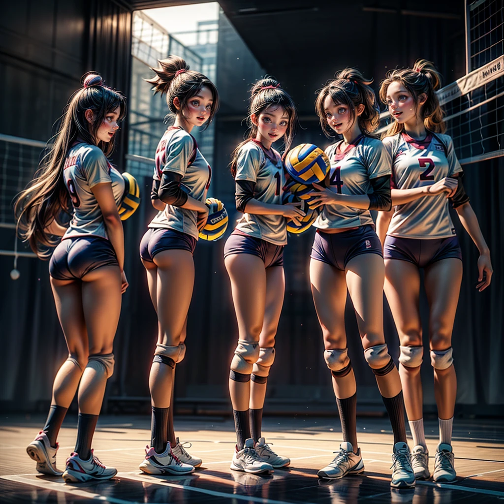ExtremelyDetailed (((Volleyball Team Girls in a row:1.4))), Childish perfect face, Reflective Eyes, Detailed(Delicate Clothing textures), Corrected Leg to Foot Line, Corrected Perfect Hand, Dynamic Joyful Expressions LifeLike Rendering, ((Specular Reflection:1.28)), TopQuality 8K Ultra-detailed masterpiece (ProfessionalPhoto:1.37)(Acutance:0.8),(Luminism:1.22), ((Changing Clothes Exposed Underwear))