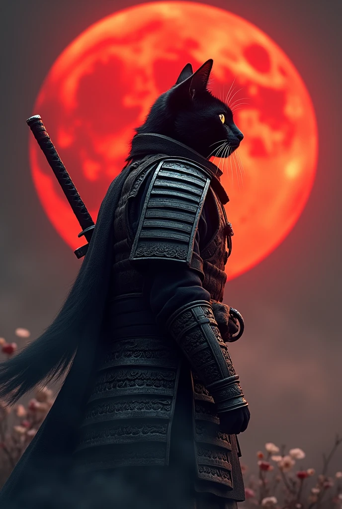 The image features a cat in a samurai warrior's attire, standing against a backdrop of a large red moon. The cat is positioned to the left side of the frame, facing right with its head slightly tilted upwards. It is wearing a detailed armor that resembles traditional samurai armor, complete with intricate designs and patterns. The armor is primarily black with silver accents, adding to the visual depth. The cat's ears are perked up, and its eyes are focused on something in the distance. A sword is sheathed on the cat's back, suggesting readiness for battle or a ceremonial stance. The red moon in the background casts an orange hue over the scene, creating a dramatic and intense atmosphere, retina, accurate, masterpiece, super detail, high details, best quality, award winning, highres, HD, 4K, 8k, 16k, retina, accurate, masterpiece, anatomically correct, textured skin, super detail, high quality, award winning, highres, 8k, 16k