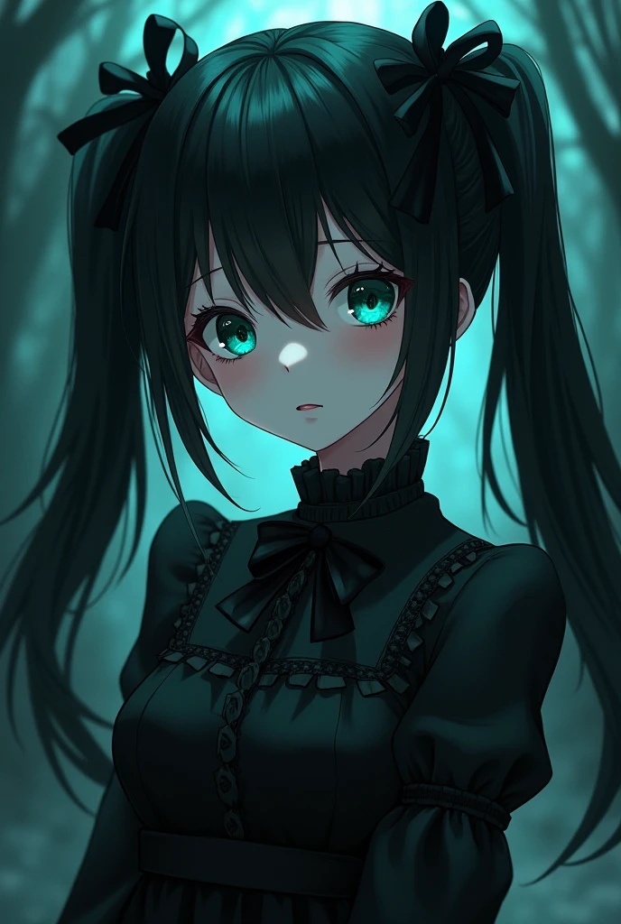 Anime Girl、dark、Gothic Lolita、Landmine fashion、Smooth Long Hair、Twin tails、Black Hair、Ribbon in hair、Turquoise Eyes