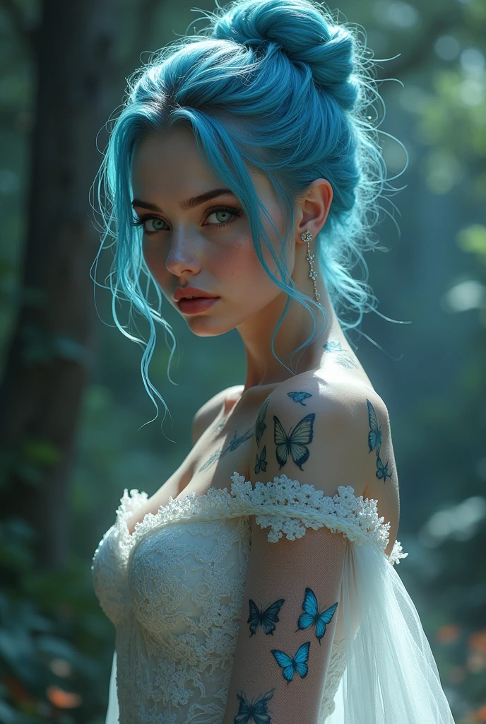 Woman (Mid 20's), butterfly tattoos on arms and shoulders, light blue hair in bun, pale skin with freckles, blue eyes, huge perfectly shape breast, thick legs, big perfectly butt, skin tight strapless wedding dress with long sleeves (butterfly mesh), breast cleavage