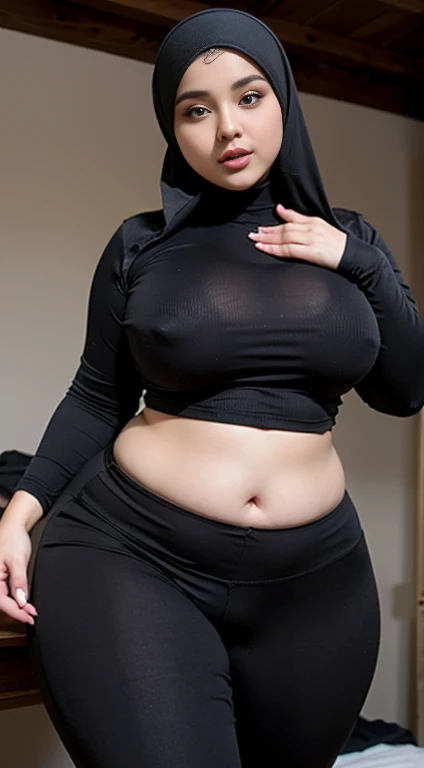 sexy and beautiful chubby woman wearing a hijab, full breasts, wearing a shirt, wearing tight pants leggings, ultra detailed, realistic quality