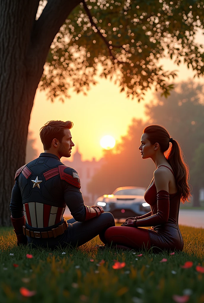 Captain America and black widow sitting under a tree in a park , watching sun set together and suddenly Spiderman comes in between  with his bugati car and black widow got impressed 