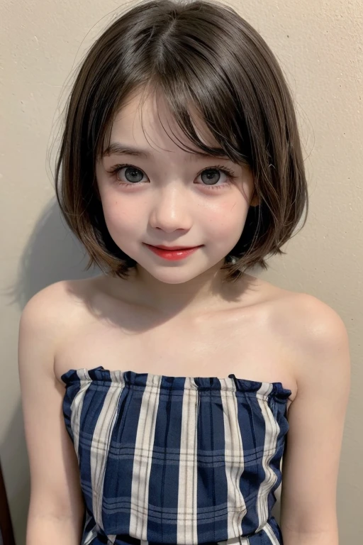 (Short haircut)), adorable, 1 girl, (face to face), 10 years old, baby face, happy, half body portrait, (face details: 1), (eye details: 1), ((tiny breasts)). ((SHORT Plaid pleated skirt)), ((red lips)), ((Strapless))