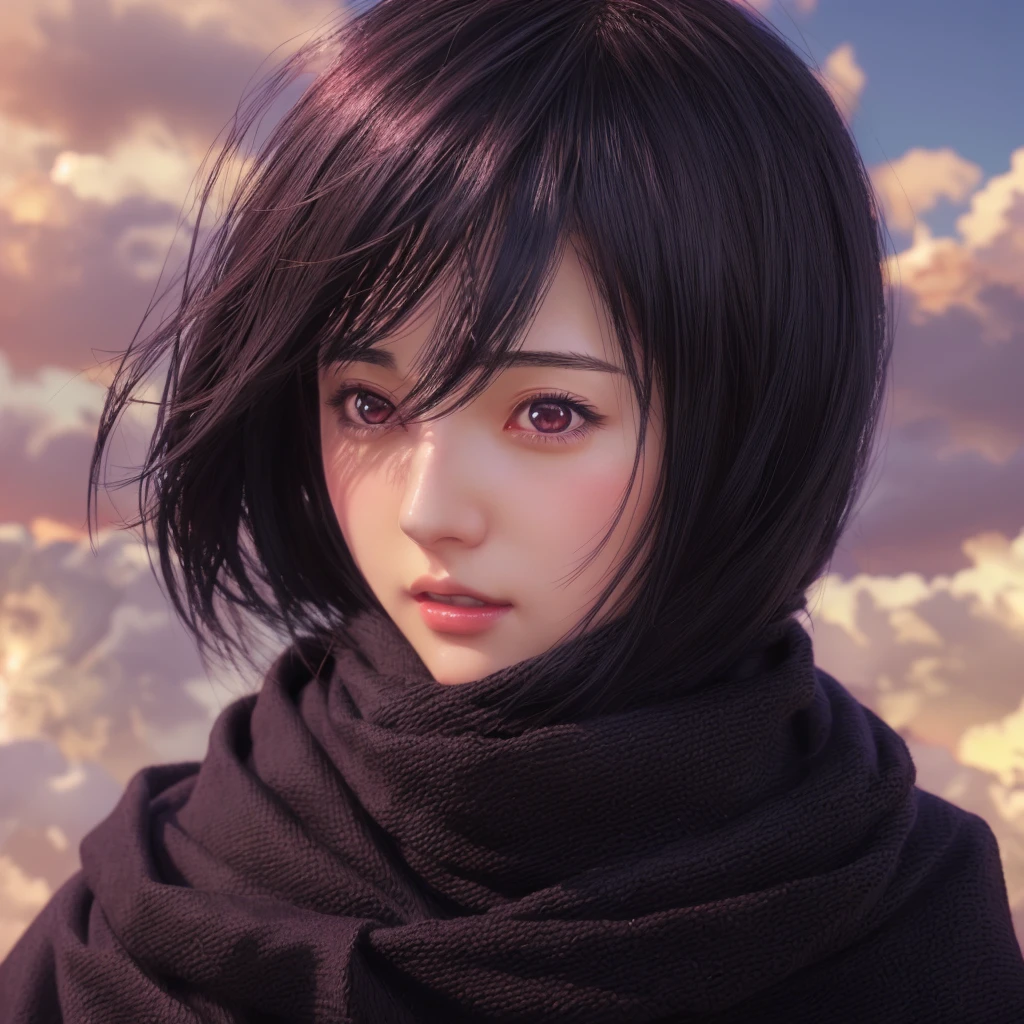 Anime girl with black hair and wine red scarf looking at camera, Realistic Anime 3D Style, 3D Anime Real, Anime Realism style, Photorealistic Animation girl render, Photorealistic Animation, Ultra realistic anime, Anime Realism, Realistic anime art style, Gweiz-style artwork, Realistic young anime girl, Realistic anime art style, Stunning Anime Face Portraits