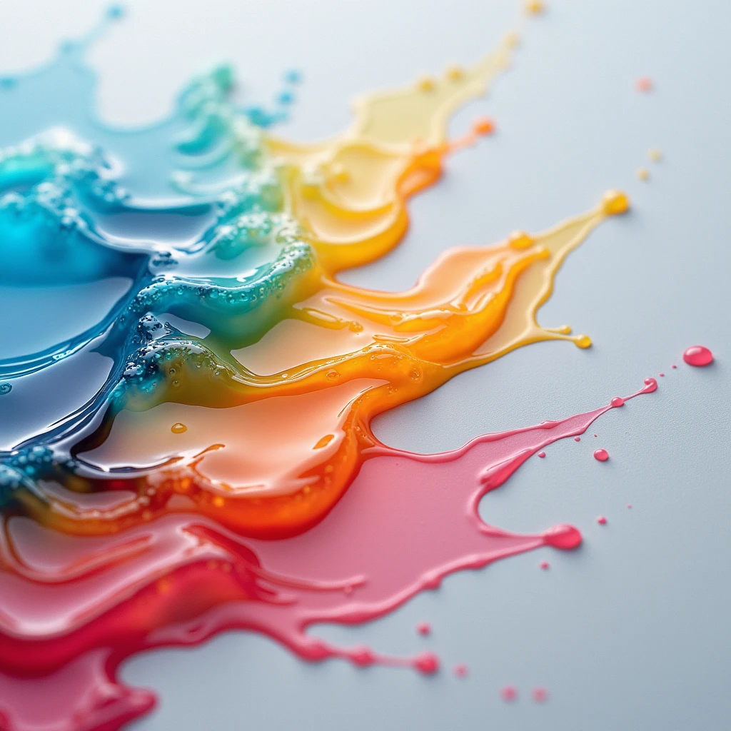 Highest quality, On a light grey table々Spilling colorful water and mixing it gently, liquid ink spreads,Gloss and light reflection,Shooting with a single-lens reflex camera,Artwork,The color boundaries are blurred,There is no solid matter