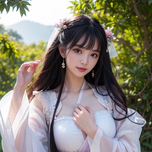 best quality, Delicate face,beautiful visual work, lifelike, eternity, black hair, Long curly hair, blunt bangs, Smile, Detailed Background, Delicate face,blush,cold,((masterpiece))、(top quality)、8k、high detail、Super detailed,21 years old female,身穿唐制Hanfu、waist skirt, Clothes are light and fluffy,Hanfu, wide sleeves, Transparent sleeves, Tunic, Clothes made of chiffon, masterpiece、born、Scenes resembling fairy tale illustrations、intricate details和複雜的設計、Beautifully、magic、capricious、 Beautifully、Dream aesthetics、「𝓡𝓸𝓶𝓪𝓷𝓽𝓲𝓬、ethereal、charming、fickle、magic」、realism、Visual effects、FXAA、SSAO、Shader、voiceless、ambient lighting、Tone mapping、High resolution、Ultra high quality、Million pixels、(8K resolution:1.10)、8k、8k以下、8K resolution、high detail、intricate details, (high quality:1.2、masterpiece:1.2、:1.21)、(21 years old female:1.21)、(興奮地Smile)、(被dream般的氛圍所包圍、Model diagram,full-body shot,Normal 2 feet,Put your hands behind you,The protrusion of the breast is visible when wearing clothes, Large Breasts, H cup chest, antiquity, Xian Xia, gauze clothes, Soft and fluttering, Fairy, dream, fantasy, light, Elegant, nature, Immortal, romantic, classical, ribbon, light purple clothes, In the woods, martial arts drama scene