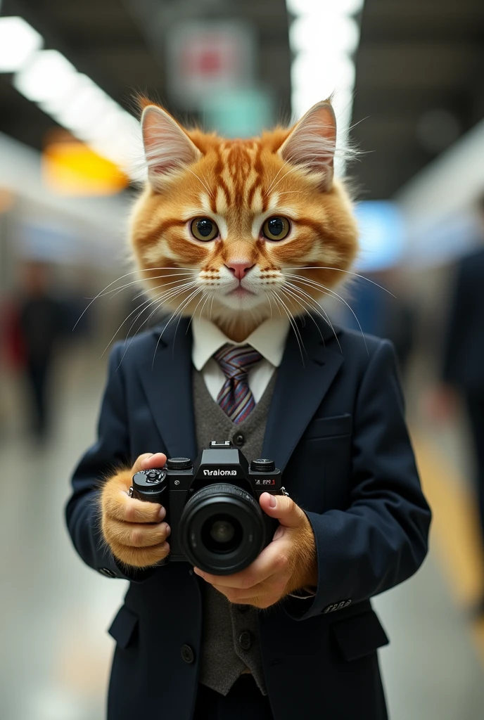 Cute cat cat,Personification,Standing,Hold the camera,Photographer,At Beijing Railway Station,Photo gesture,,Suit,tie, (Delicate face), (Fine fluffy fur),(35mm Cinema Lens),(Multi-angle shooting),(many viewing angles)
