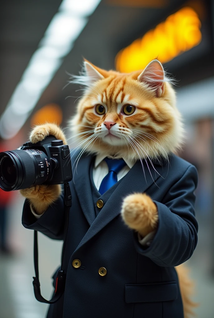 Cute cat cat,Personification,Standing,Hold the camera,Photographer,At Beijing Railway Station,Photo gesture,,Suit,tie, (Delicate face), (Fine fluffy fur),(35mm Cinema Lens),(Multi-angle shooting),(many viewing angles)