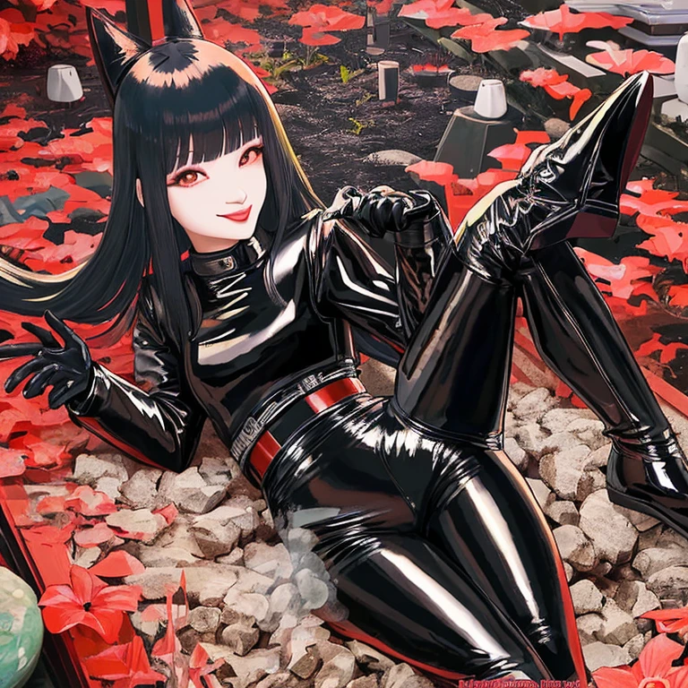 Asian Girls, Anime, Black Leather Pants, Satin Jacket with latex shirt, Long Hair with bangs, Zen Garden, with leather Gloves, Asian, Smile, Friendly, Happy, tongue out.