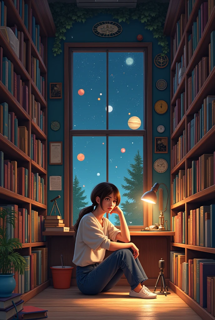 1girl, in a room, filled with bookshelves, ultra detailed, with space accessories