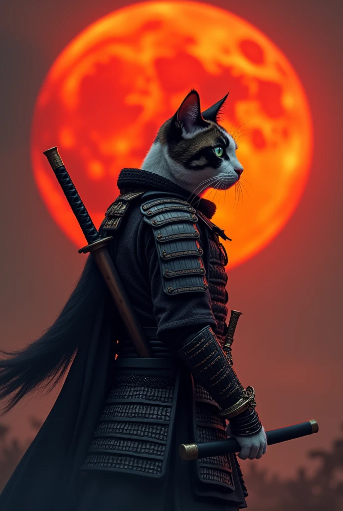 The image features a cat in a samurai warrior's attire, standing against a backdrop of a large red moon. The cat is positioned to the left side of the frame, facing right with its head slightly tilted upwards. It is wearing a detailed armor that resembles traditional samurai armor, complete with intricate designs and patterns. The armor is primarily black with silver accents, adding to the visual depth. The cat's ears are perked up, and its eyes are focused on something in the distance. A sword is sheathed on the cat's back, suggesting readiness for battle or a ceremonial stance. The red moon in the background casts an orange hue over the scene, creating a dramatic and intense atmosphere, retina, accurate, masterpiece, super detail, high details, best quality, award winning, highres, HD, 4K, 8k, 16k, retina, accurate, masterpiece, anatomically correct, textured skin, super detail, high quality, award winning, highres, 8k, 16k