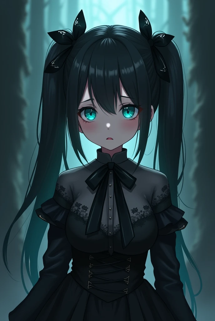 Anime Girl、dark、Gothic ta、Landmine fashion、Smooth Long Hair、Twin tails、Black Hair、Ribbon in hair、Turquoise Eyes、Confused eyes